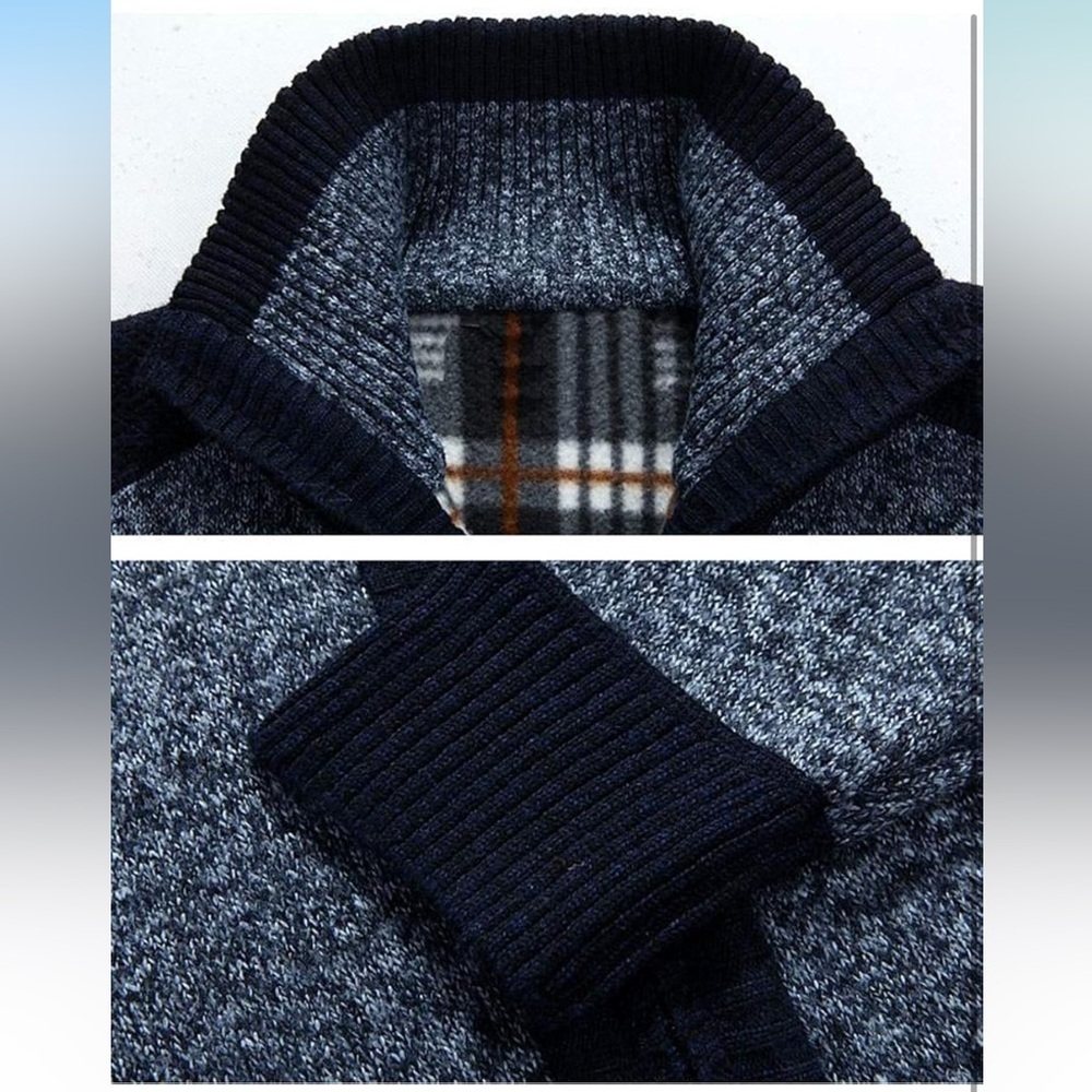 Men's Blue and Black Zip-Up Cardigan Sweater - Picture 3 of 7